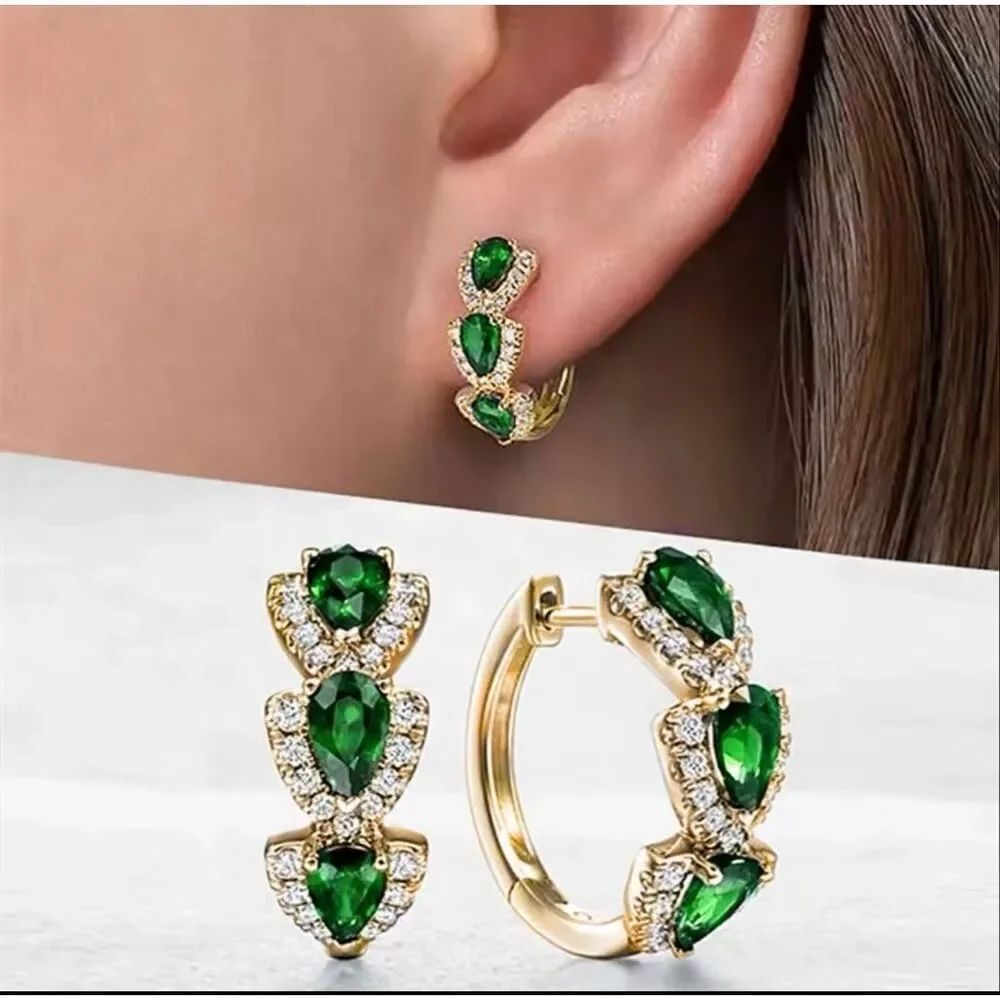 Macy’s Emerald Simulant & Diamond Simulant Gold Tone Hoop Earrings NWOT
